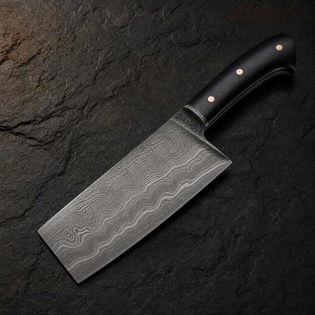 Kitchen Cleaver — Damascus · Black micarta