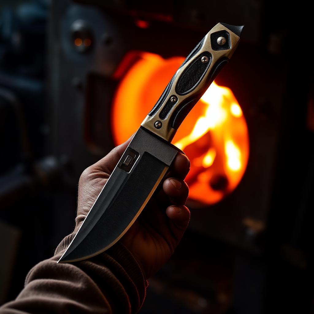 Forge Bowie — Damascus · Brass · Charred oak
