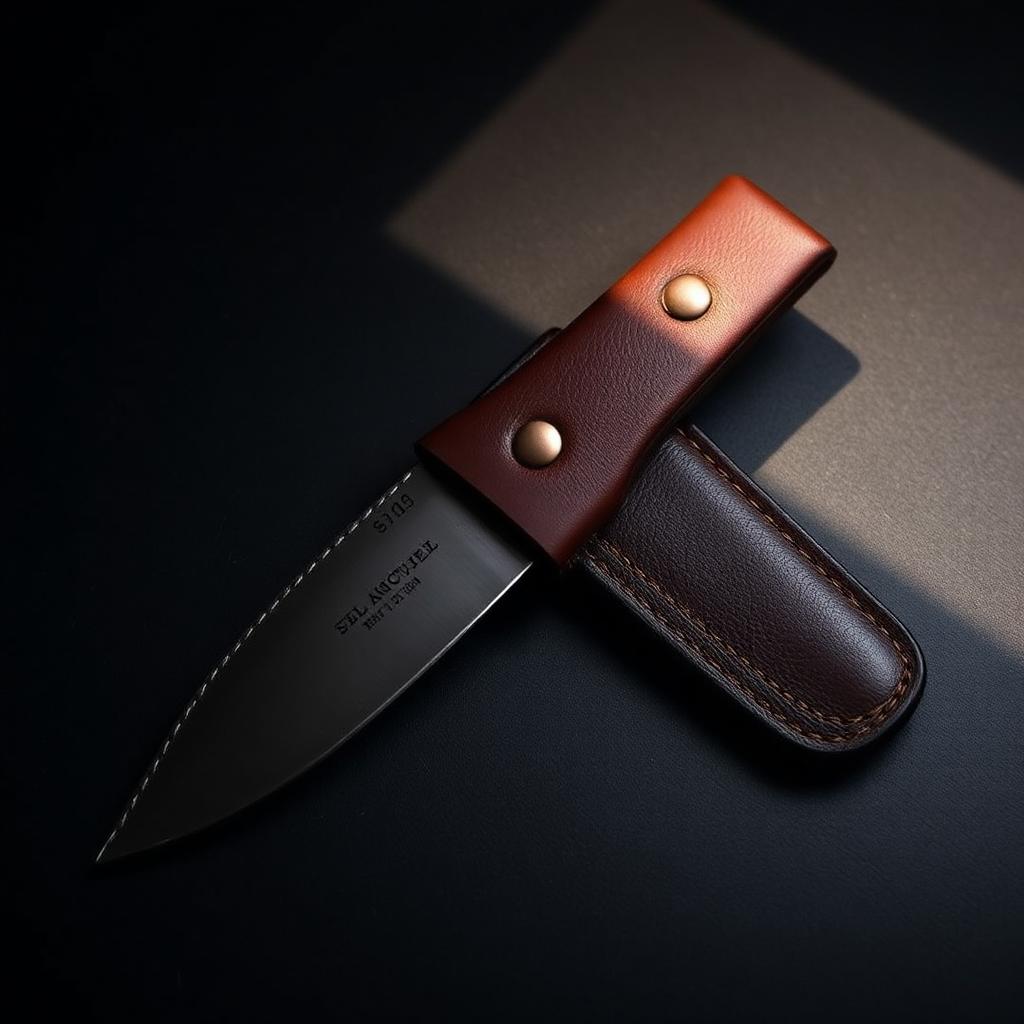 EDC Pocket Knife + Sheath — Damascus · Leather · Copper